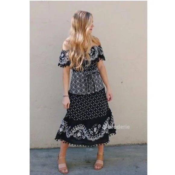 by Anthropologie Marisol Off-Shoulder Embroidered Midi Dress Black Fit & Flare 6 - Picture 1 of 16